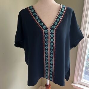 NWT Marie Oliver Clara Top  navy short sleeve with multi color embroidery. Small